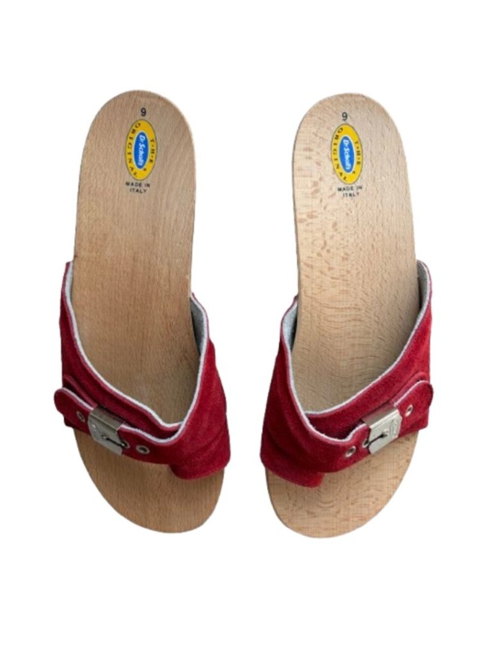 Vintage Deadstock Dr. Scholl's Red Suede Wooden Slides Made in Italy, Sz 9, NWOB